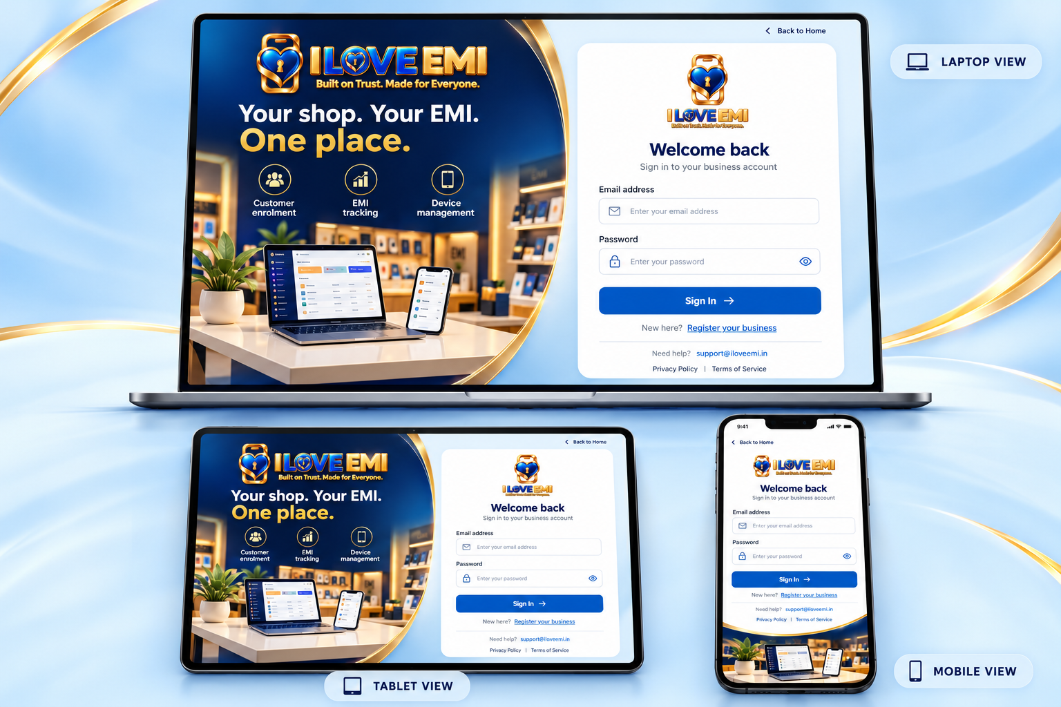 Your shop. Your EMI. One place. A mobile shop counter with laptop and phone